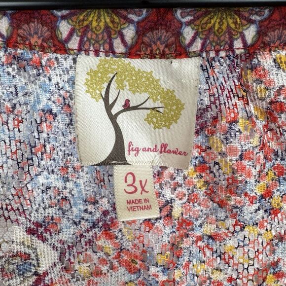 Fig and Flower Top Womens 3X Plus Floral Sheer Button Up Tunic Boho Tropical - Picture 12 of 16